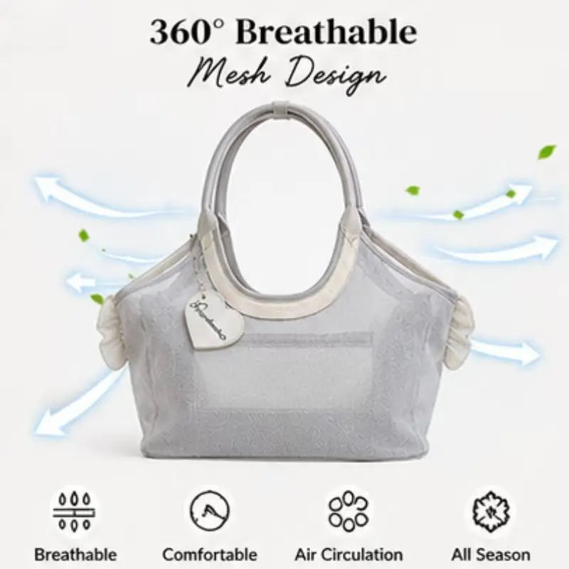 French Retro Lightweight Mesh and Synthetic Leather Pet Carrier for Small Dogs and Cats - Open Top Design with Breathable Cooling Airflow, Available in Black, Silver, and Coffee Options, Perfect for Outings