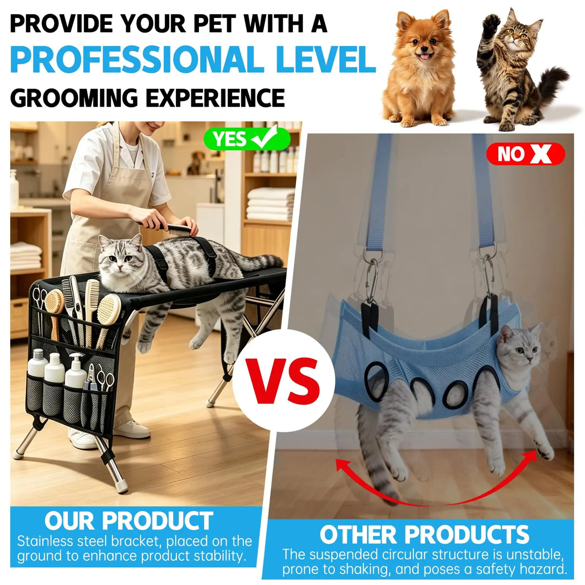 Pet Grooming Hammock for Small Dogs & Cats (Under 22 Lbs) - Stainless Steel Stand, Foldable Joint Protection Restraint Tool for Grooming Table Nail Trimming, Bathing Care