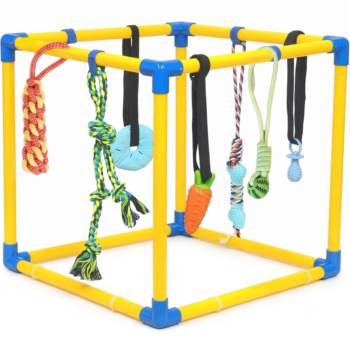 Toy Poodle Puppy Play Gym - Indoor Durable PVC Frame (18.7X18.7X18.7In), 8 Random Detachable Hanging Toys, Adjustable Height, Chew Resistant Rope, Squeaky Teething Aids, Boredom Relief Enrichment Center for Small Dogs