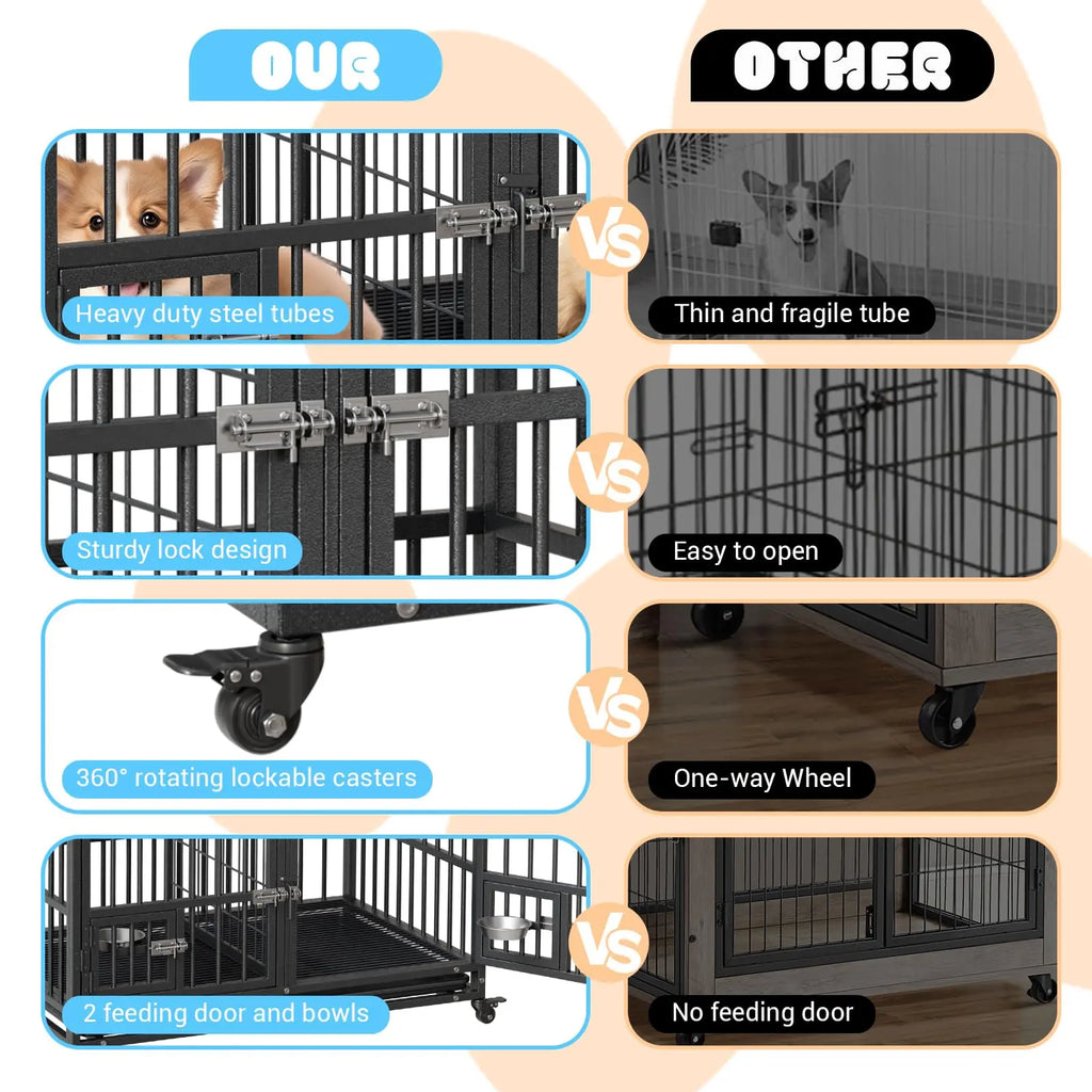 48-Inch Heavy-Duty Metal Dog Crate with Flexible Divider, Dual Door Access, Two Feeding Bowls, and Removable Tray for Small to Large Pets