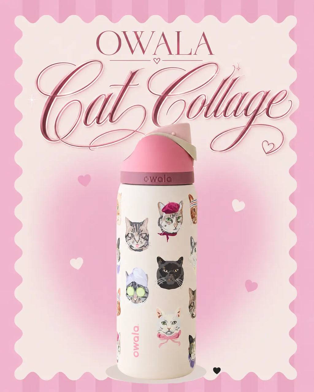 Owala Pink Cat Collage 32Oz Insulated Water Bottle with Adorable Cat Designs and Pink Lid for Hydration