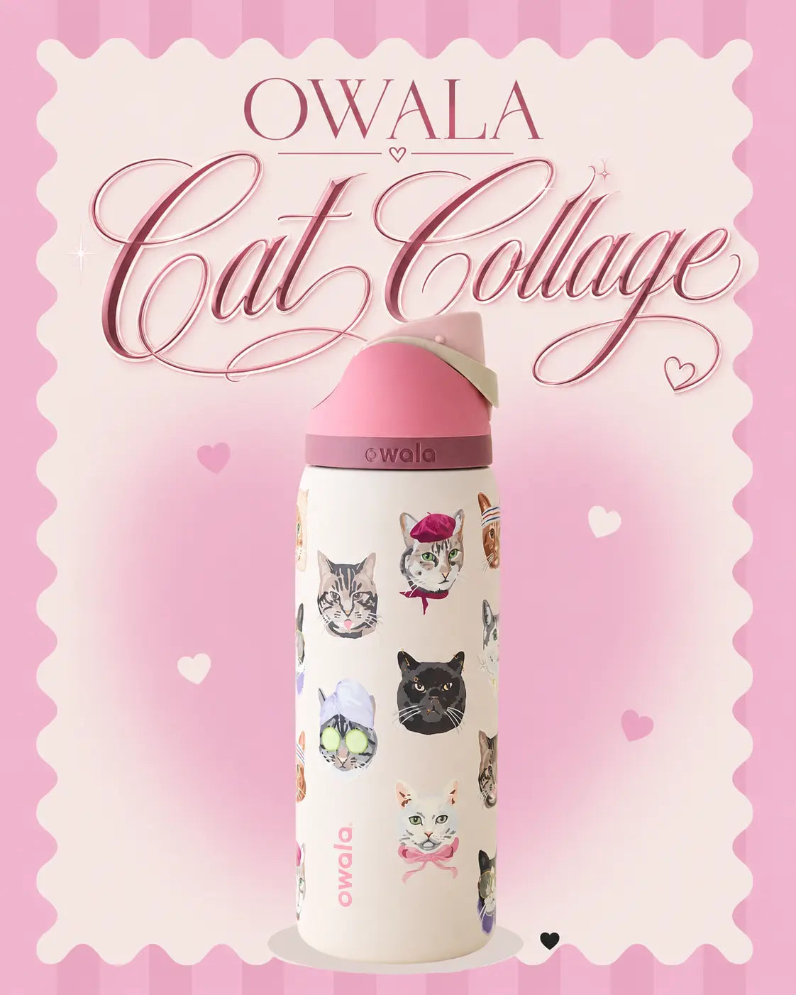 Owala Pink Cat Collage 32Oz Insulated Water Bottle with Adorable Cat Designs and Pink Lid for Hydration