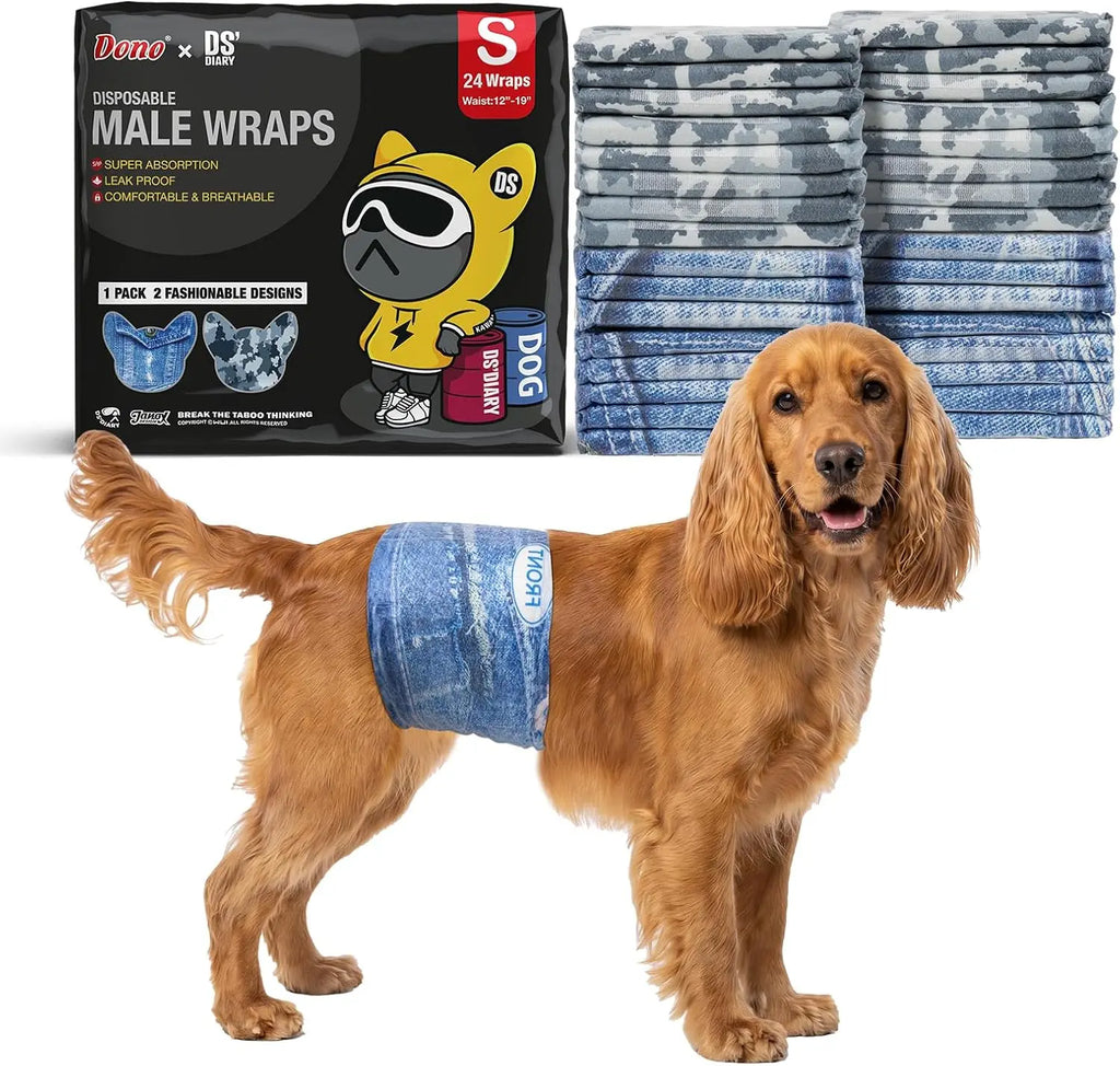 【Sohochic】 Dono Disposable Male Dog Wraps - Multi-Size (Including Small) Dog Diapers with Elastic Waistband, Fasteners, Wider Belly Bands, Thicker Core, Super Absorbent, Leak-Proof Fit for Travel, Excitable Urination (Many Uses, No Mess)