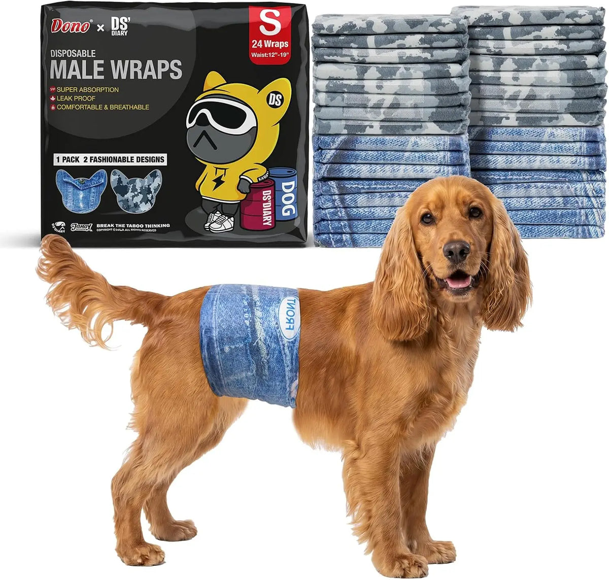 【Sohochic】 Dono Disposable Male Dog Wraps - Multi-Size (Including Small) Dog Diapers with Elastic Waistband, Fasteners, Wider Belly Bands, Thicker Core, Super Absorbent, Leak-Proof Fit for Travel, Excitable Urination (Many Uses, No Mess)
