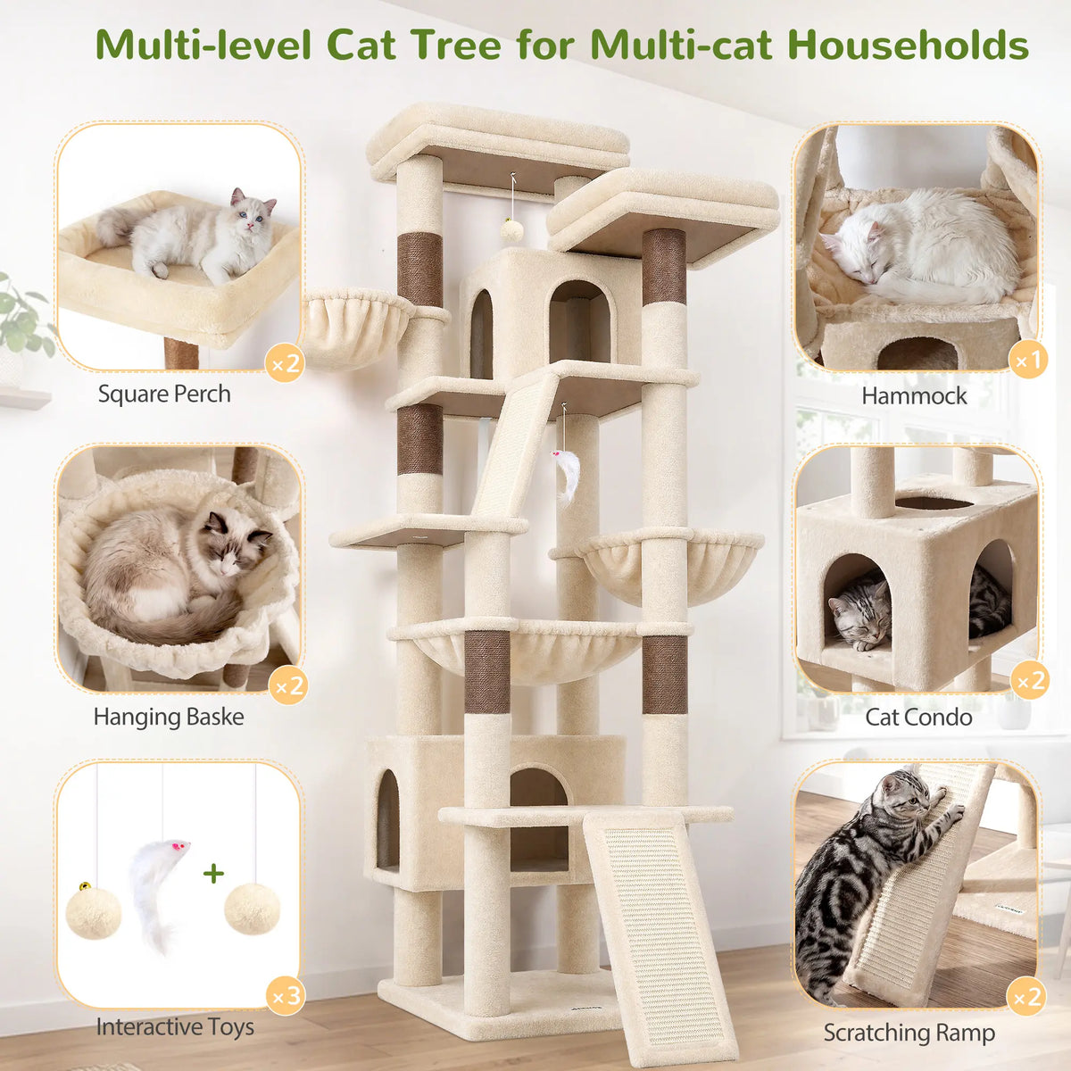 DESKAT 75-Inch Multi-Level Cat Tree for Large Cats, Accommodating 2-3 Indoor Cats with 2 Condos, 2 Hammocks, 3 Perches, and Scratching Board