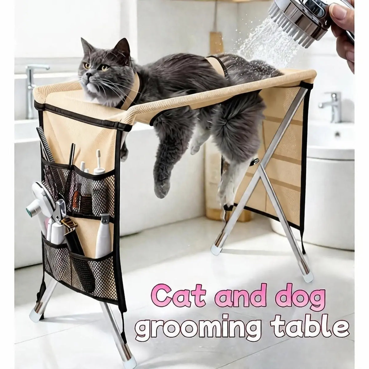Pet Grooming Hammock for Small Dogs & Cats (Under 22 Lbs) - Stainless Steel Stand, Foldable Joint Protection Restraint Tool for Grooming Table Nail Trimming, Bathing Care