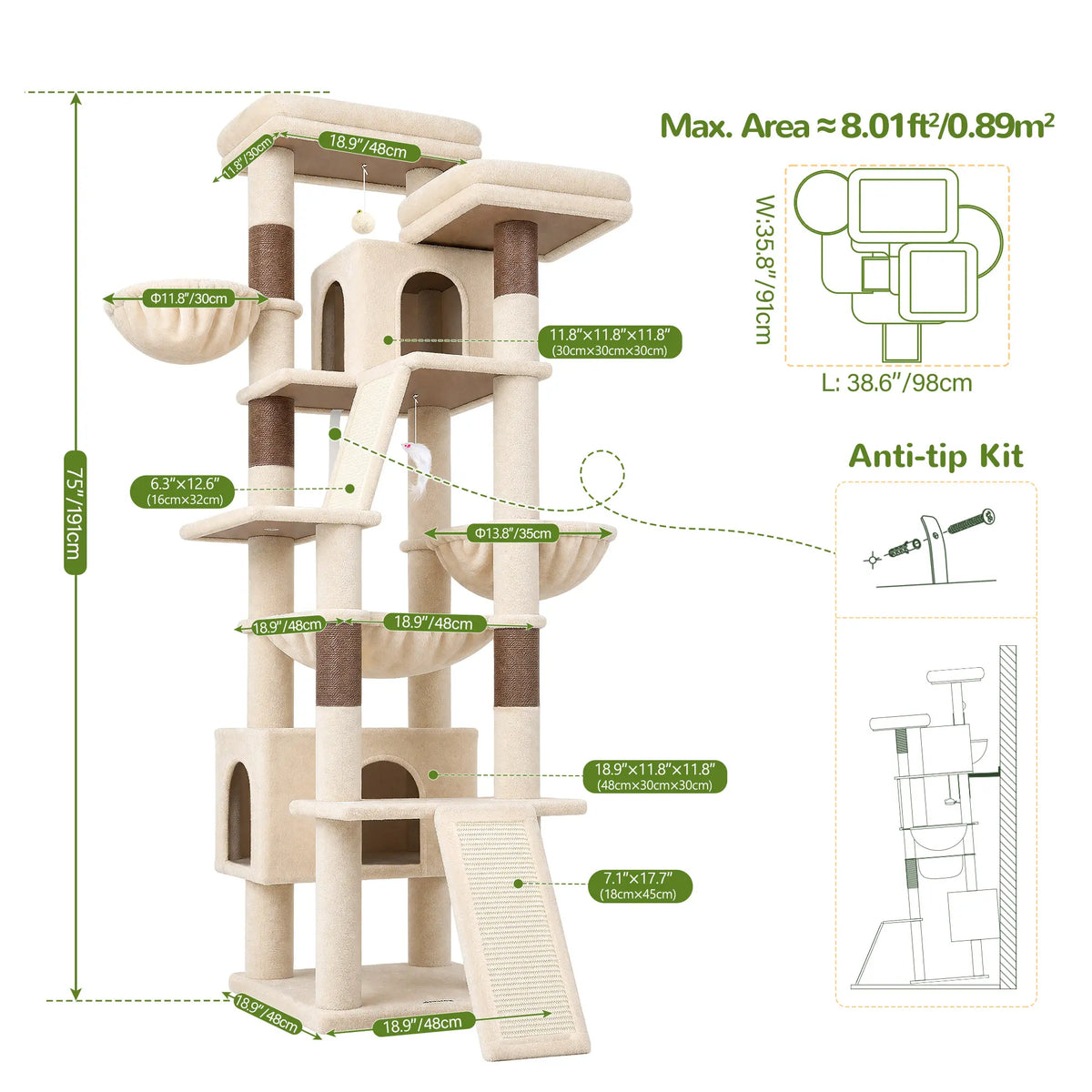 DESKAT 75-Inch Multi-Level Cat Tree for Large Cats, Accommodating 2-3 Indoor Cats with 2 Condos, 2 Hammocks, 3 Perches, and Scratching Board