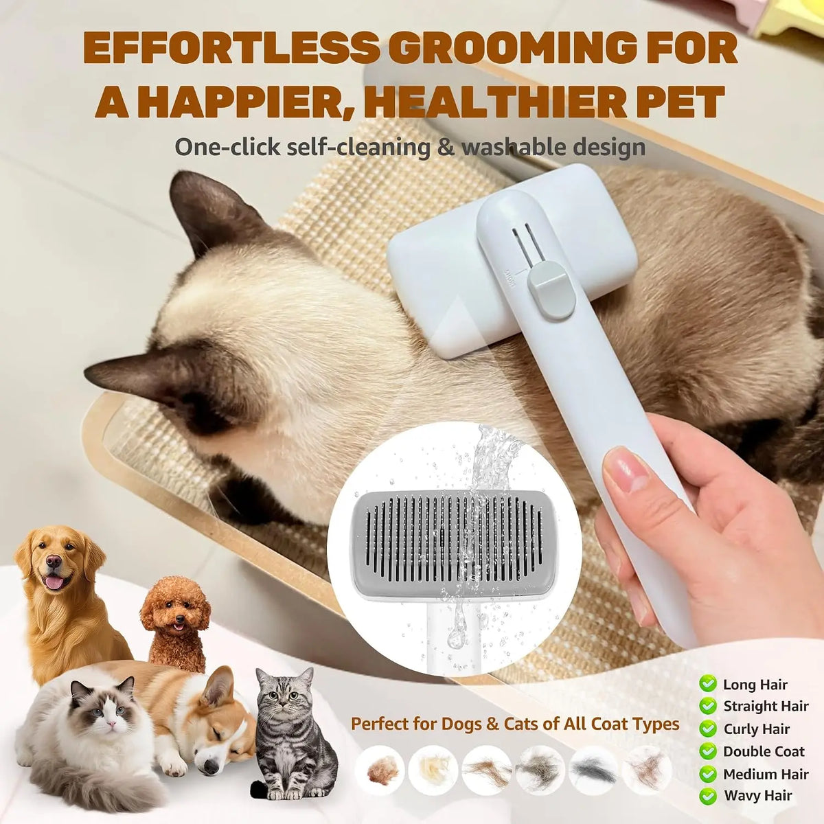 Dog & Cat Self-Cleaning Deshedding Slicker Comb - Universal 1-Click Release Brush for Shed Control, Easy Clean, No Hair Picking