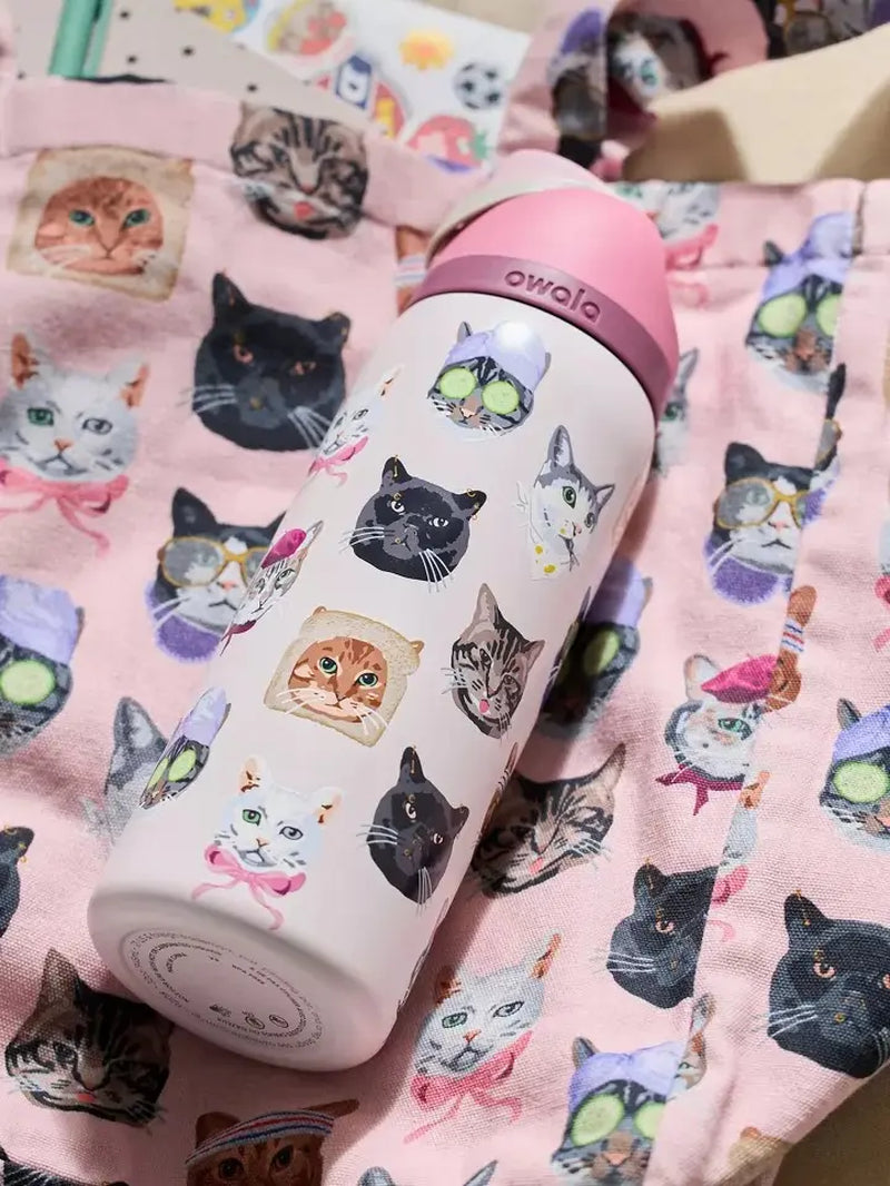 Owala Pink Cat Collage 32Oz Insulated Water Bottle with Adorable Cat Designs and Pink Lid for Hydration