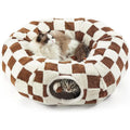 2-in-1 Plaid Cat Tunnel Bed with Concealed Play Area - Stylish Donut Design, Washable Circular Cushion, and Non-Slip Base for Cats and Rabbits