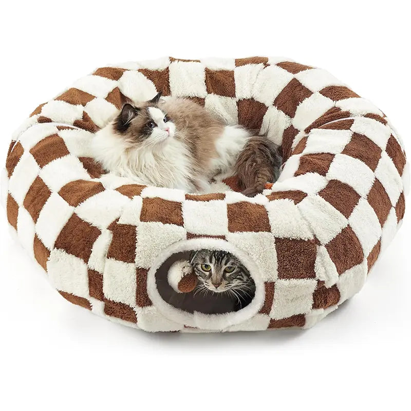 2-in-1 Plaid Cat Tunnel Bed with Concealed Play Area - Stylish Donut Design, Washable Circular Cushion, and Non-Slip Base for Cats and Rabbits