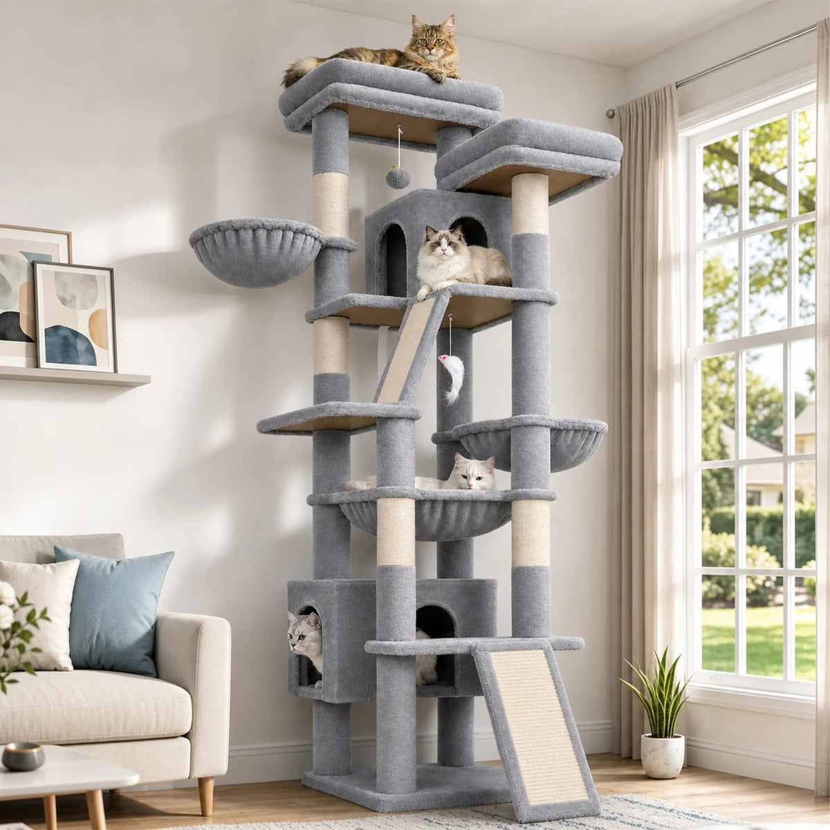 DESKAT 75-Inch Multi-Level Cat Tree for Large Cats, Accommodating 2-3 Indoor Cats with 2 Condos, 2 Hammocks, 3 Perches, and Scratching Board