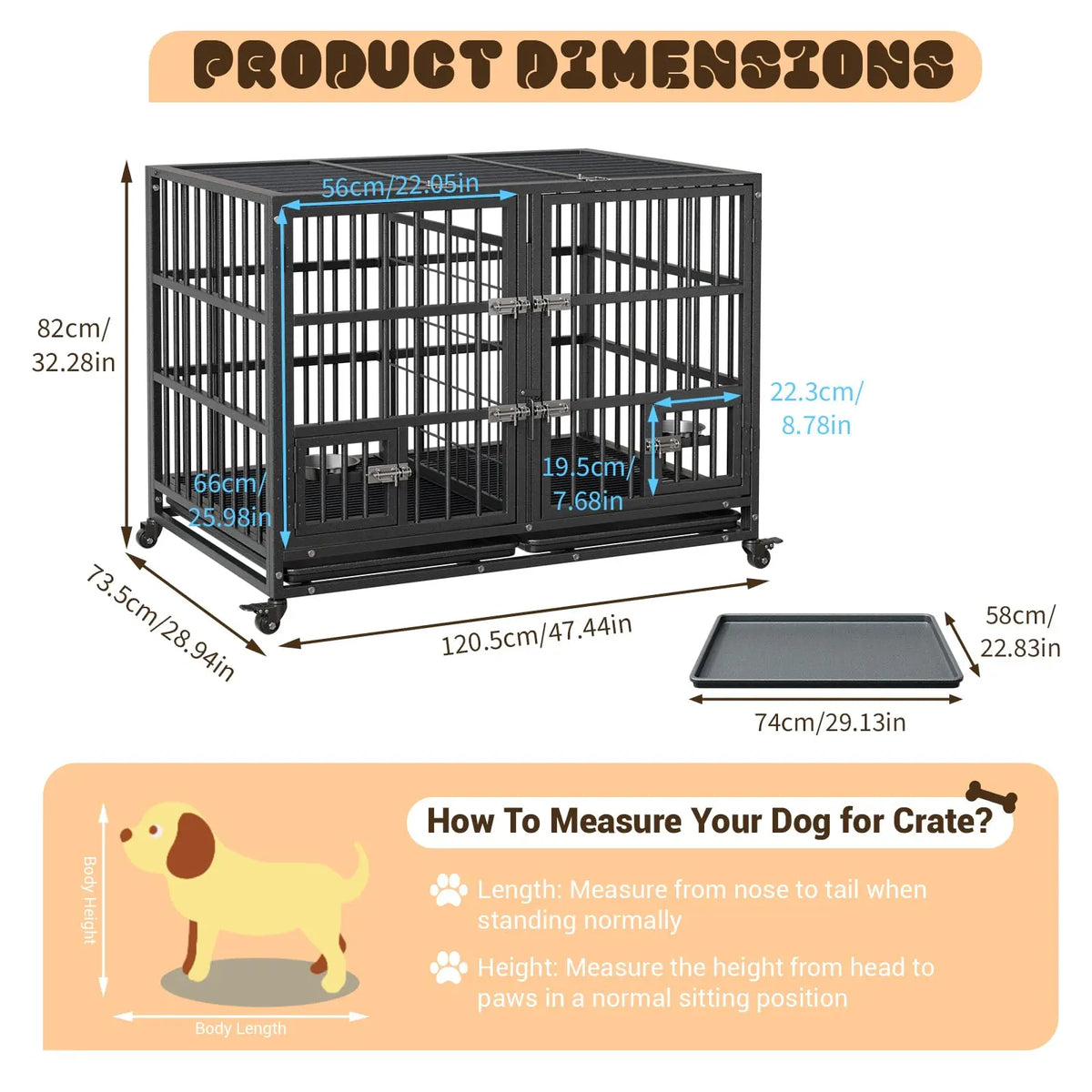 48-Inch Heavy-Duty Metal Dog Crate with Flexible Divider, Dual Door Access, Two Feeding Bowls, and Removable Tray for Small to Large Pets