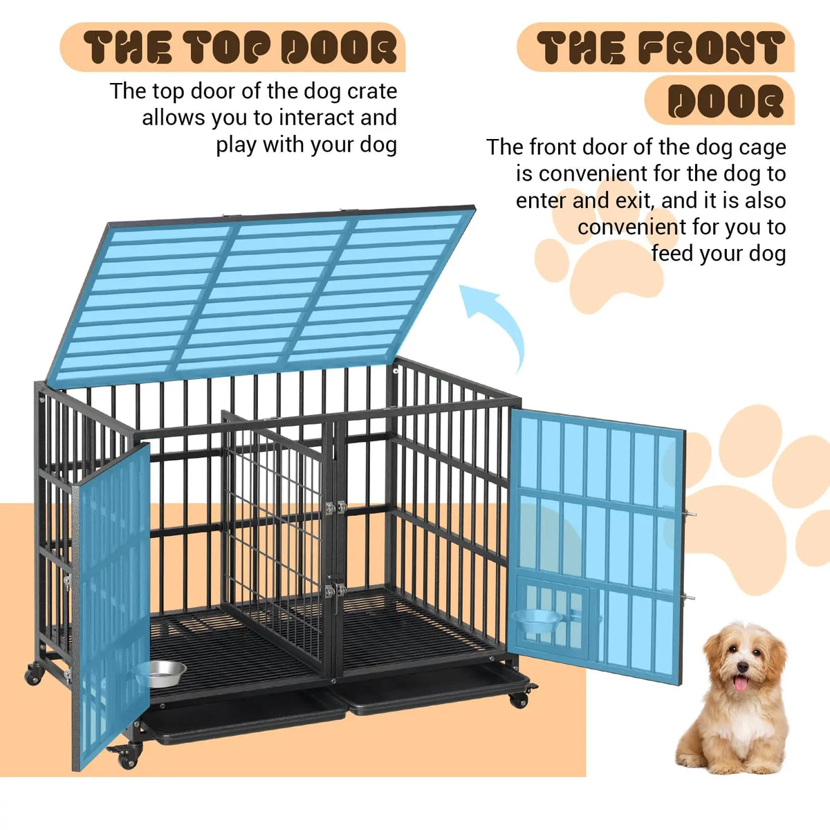 48-Inch Heavy-Duty Metal Dog Crate with Flexible Divider, Dual Door Access, Two Feeding Bowls, and Removable Tray for Small to Large Pets