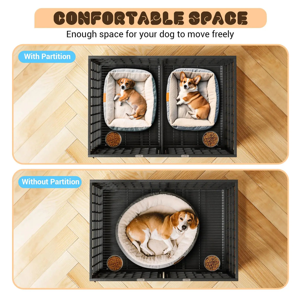 48-Inch Heavy-Duty Metal Dog Crate with Flexible Divider, Dual Door Access, Two Feeding Bowls, and Removable Tray for Small to Large Pets