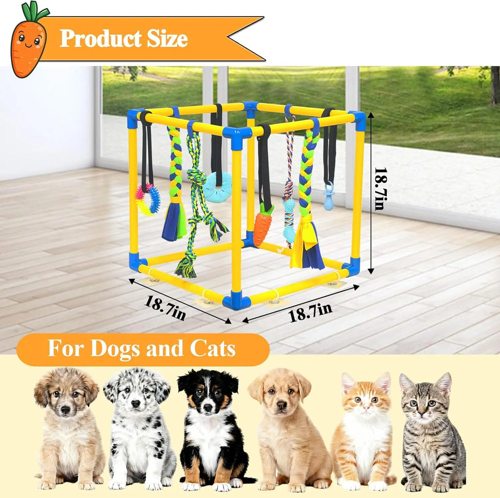 Toy Poodle Puppy Play Gym - Indoor Durable PVC Frame (18.7X18.7X18.7In), 8 Random Detachable Hanging Toys, Adjustable Height, Chew Resistant Rope, Squeaky Teething Aids, Boredom Relief Enrichment Center for Small Dogs