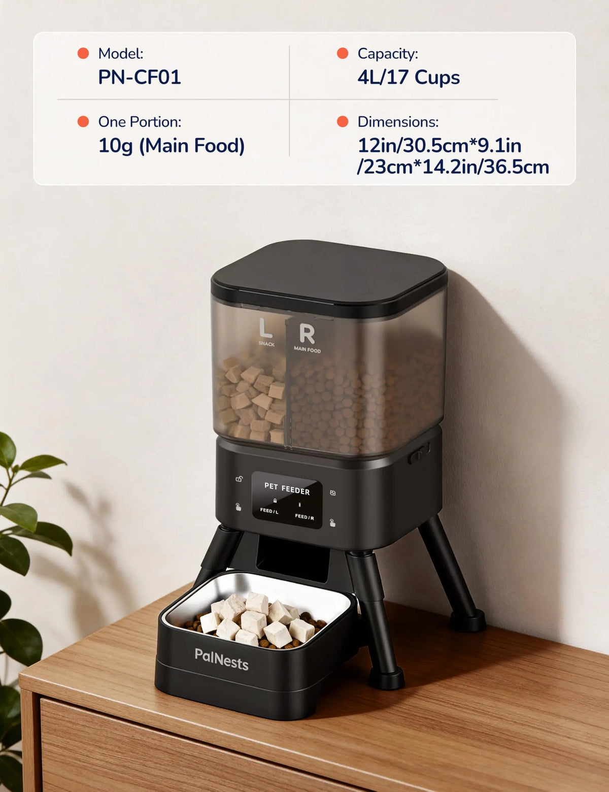 Palnests Dual-Cavity Smart Automatic Pet Feeder - 4L Dry Food Dispenser with Stainless Steel Bowls, Dual Hopper Design, 2.4GHz & 5GHz Wi-Fi Connectivity, Airtight Fresh Lock, App Control, Timed Feeding, Dual Power Backup, and Low Food Alerts for Cats and Small to Medium Dogs