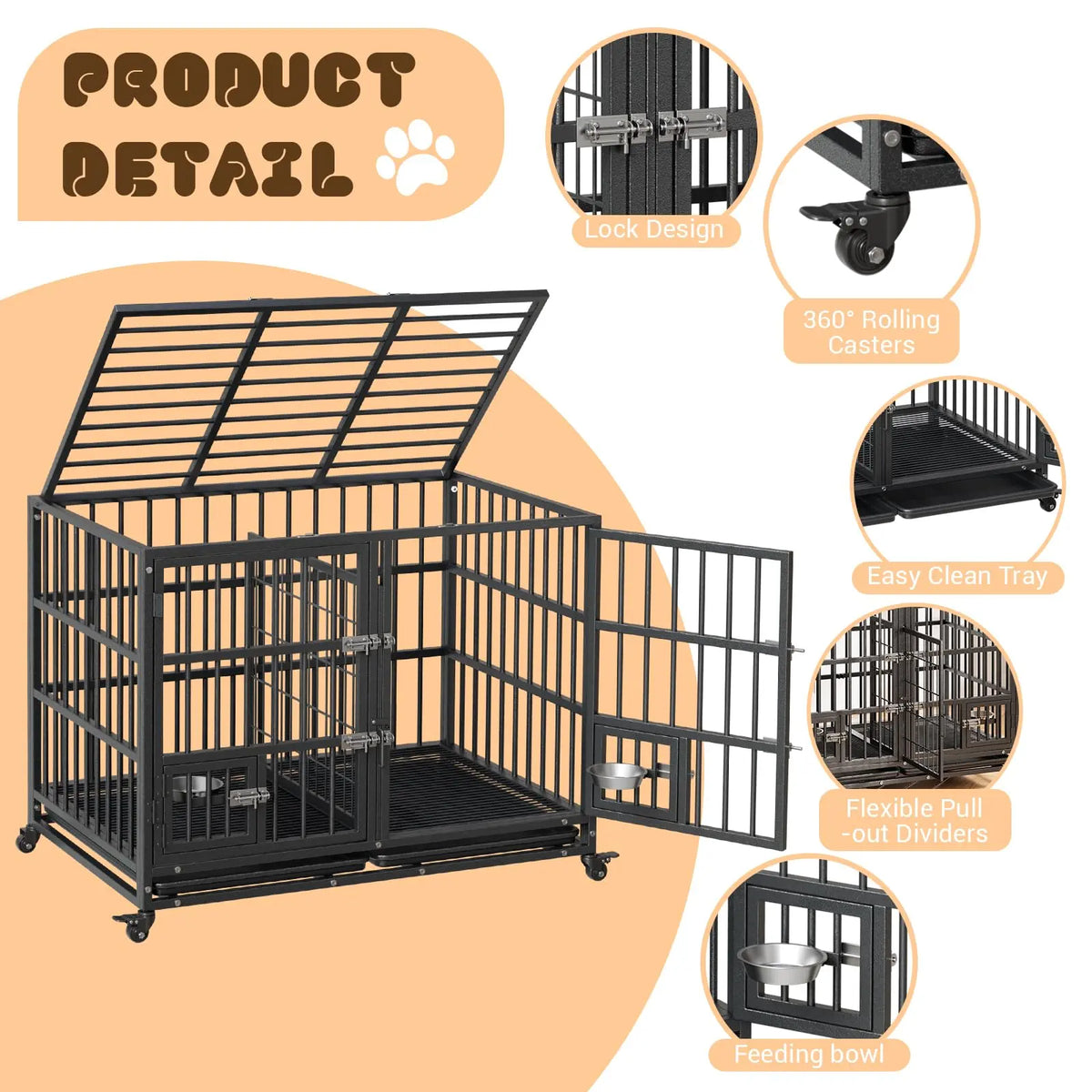 48-Inch Heavy-Duty Metal Dog Crate with Flexible Divider, Dual Door Access, Two Feeding Bowls, and Removable Tray for Small to Large Pets