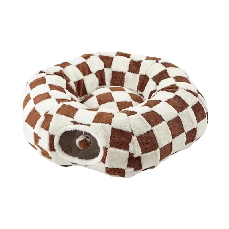 2-in-1 Plaid Cat Tunnel Bed with Concealed Play Area - Stylish Donut Design, Washable Circular Cushion, and Non-Slip Base for Cats and Rabbits