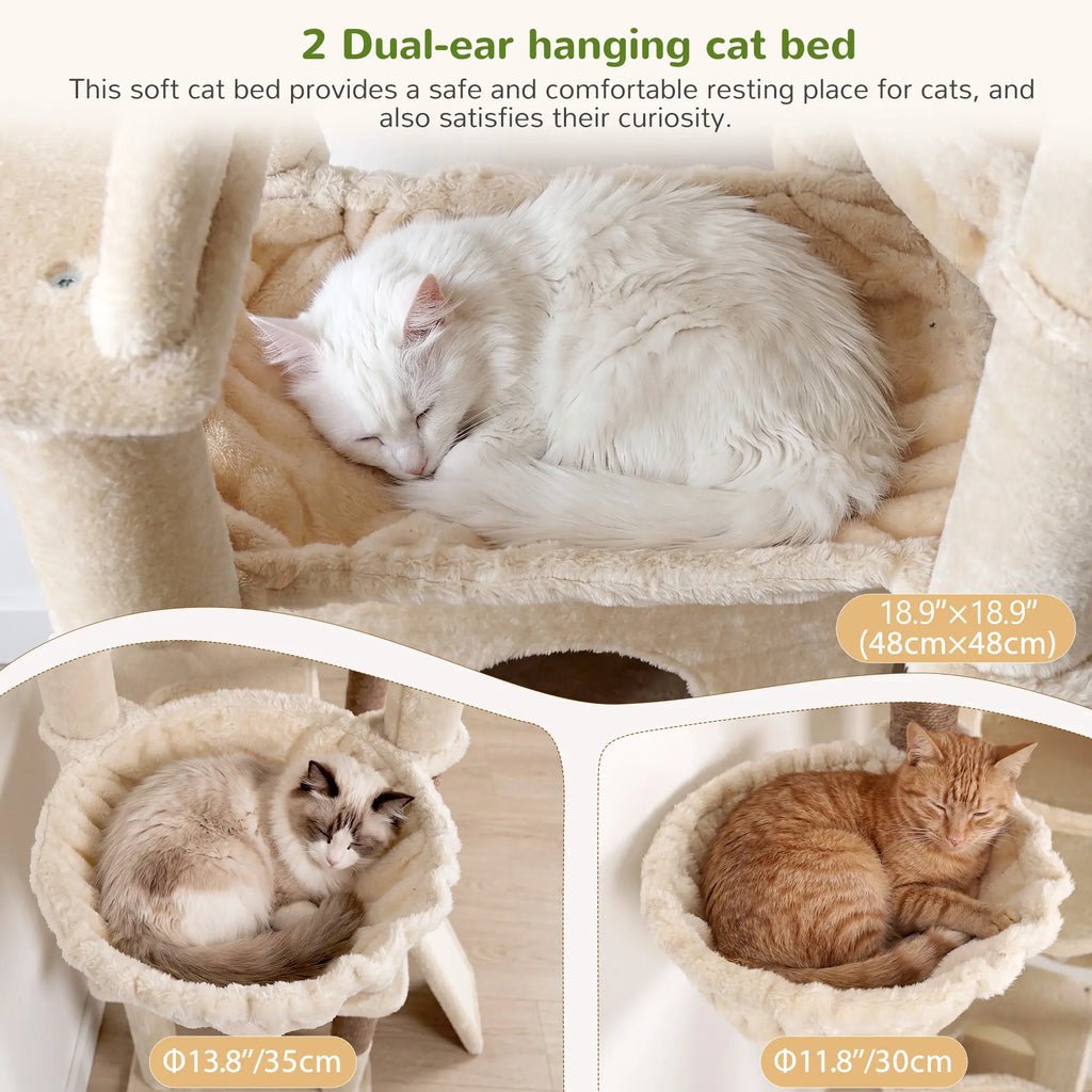 DESKAT 75-Inch Multi-Level Cat Tree for Large Cats, Accommodating 2-3 Indoor Cats with 2 Condos, 2 Hammocks, 3 Perches, and Scratching Board