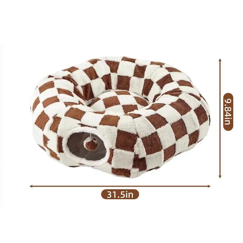 2-in-1 Plaid Cat Tunnel Bed with Concealed Play Area - Stylish Donut Design, Washable Circular Cushion, and Non-Slip Base for Cats and Rabbits