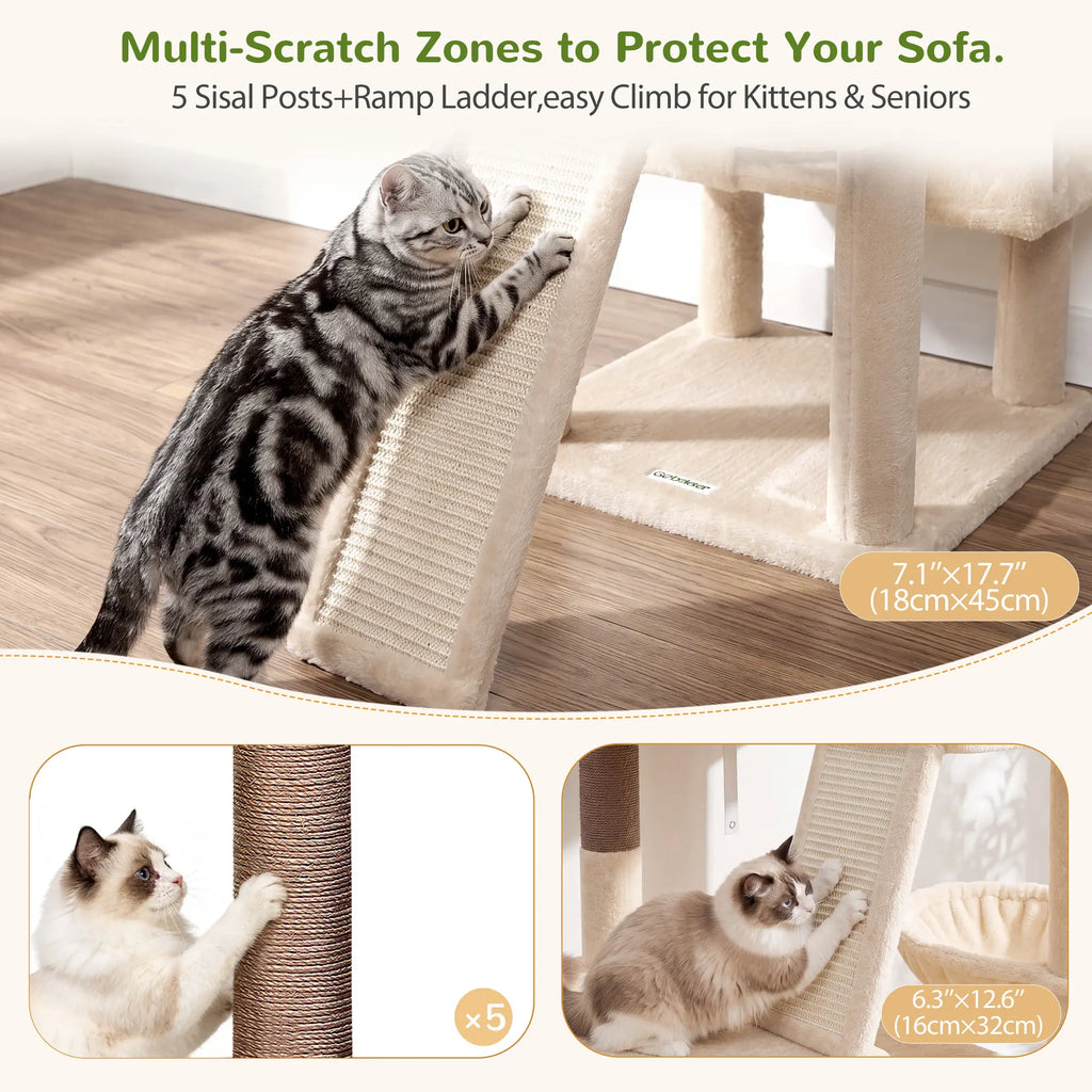 DESKAT 75-Inch Multi-Level Cat Tree for Large Cats, Accommodating 2-3 Indoor Cats with 2 Condos, 2 Hammocks, 3 Perches, and Scratching Board