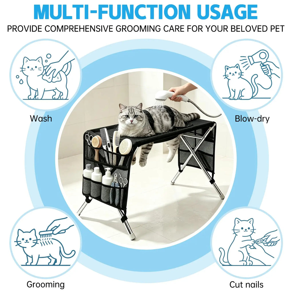 Pet Grooming Hammock for Small Dogs & Cats (Under 22 Lbs) - Stainless Steel Stand, Foldable Joint Protection Restraint Tool for Grooming Table Nail Trimming, Bathing Care