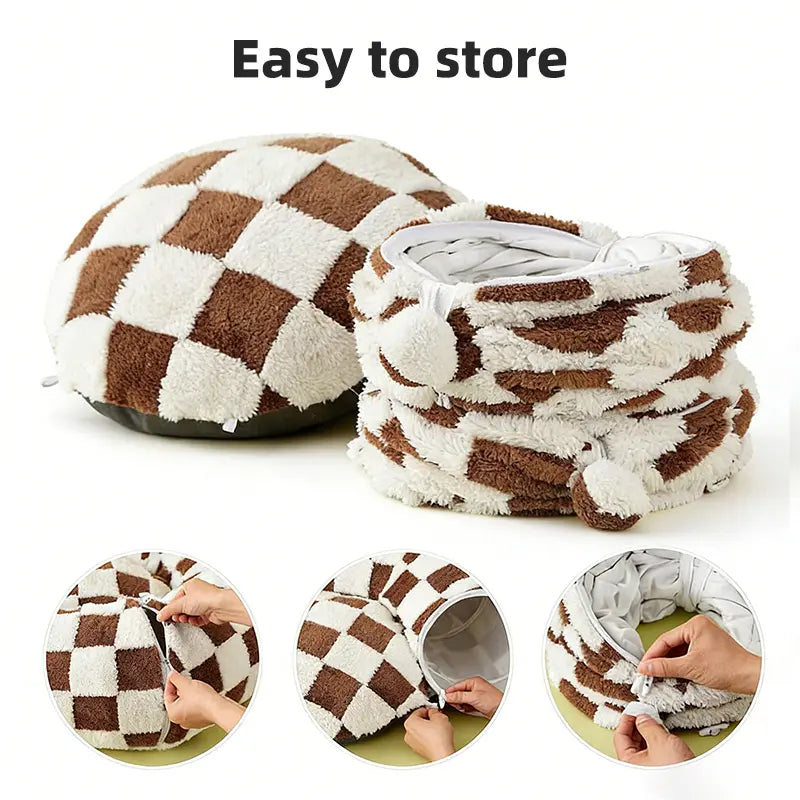 2-in-1 Plaid Cat Tunnel Bed with Concealed Play Area - Stylish Donut Design, Washable Circular Cushion, and Non-Slip Base for Cats and Rabbits