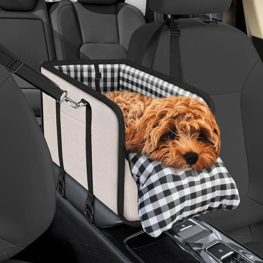 Premium Elevated Car Pet Booster Seat for Small Cats and Dogs (Up to 11 lbs) - Anti-Collapsing Carrier, Plush Mat, Secure Tether, and Rotating Hooks, Plaid Design, Comfortable Travel Accessory