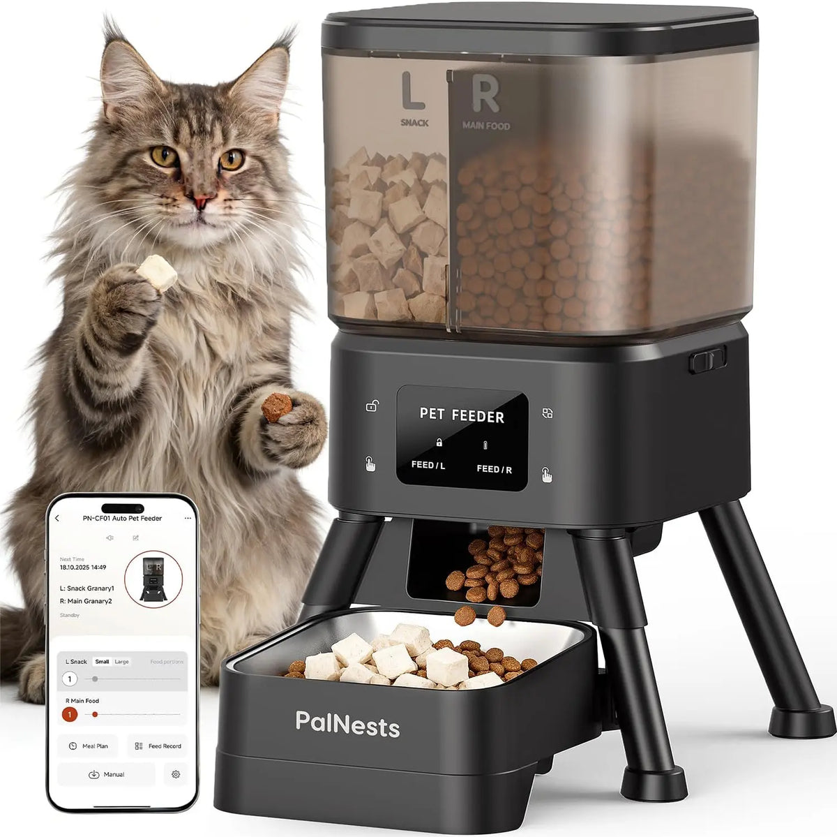 Palnests Dual-Cavity Smart Automatic Pet Feeder - 4L Dry Food Dispenser with Stainless Steel Bowls, Dual Hopper Design, 2.4GHz & 5GHz Wi-Fi Connectivity, Airtight Fresh Lock, App Control, Timed Feeding, Dual Power Backup, and Low Food Alerts for Cats and Small to Medium Dogs
