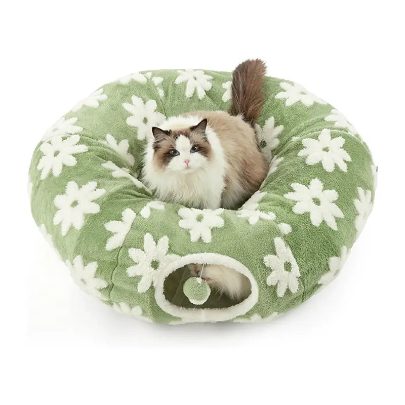 2-in-1 Plaid Cat Tunnel Bed with Concealed Play Area - Stylish Donut Design, Washable Circular Cushion, and Non-Slip Base for Cats and Rabbits