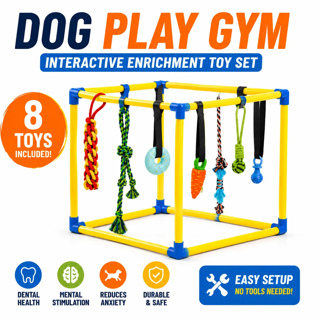 Toy Poodle Puppy Play Gym - Indoor Durable PVC Frame (18.7X18.7X18.7In), 8 Random Detachable Hanging Toys, Adjustable Height, Chew Resistant Rope, Squeaky Teething Aids, Boredom Relief Enrichment Center for Small Dogs