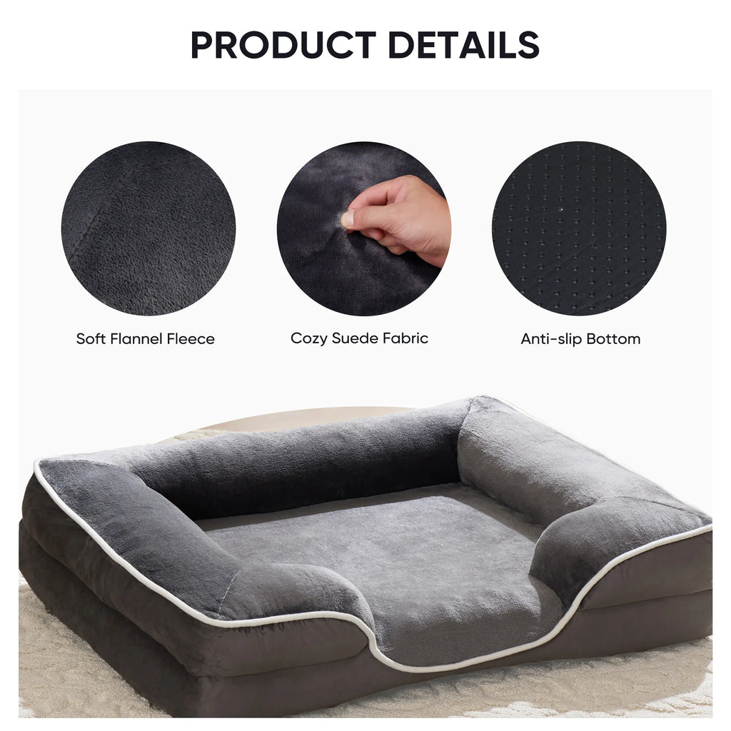 Sweetcrispy Large Orthopedic Memory Foam Pet Bed with 3-Sided Bolsters - 20"L x 24"W x 8"Th, Waterproof Detachable Cover, Non-Slip Base, Joint Relief, Consistent Support, Pressure Relief, Supportive Sofa, 24 to 48 Hour Recovery Time