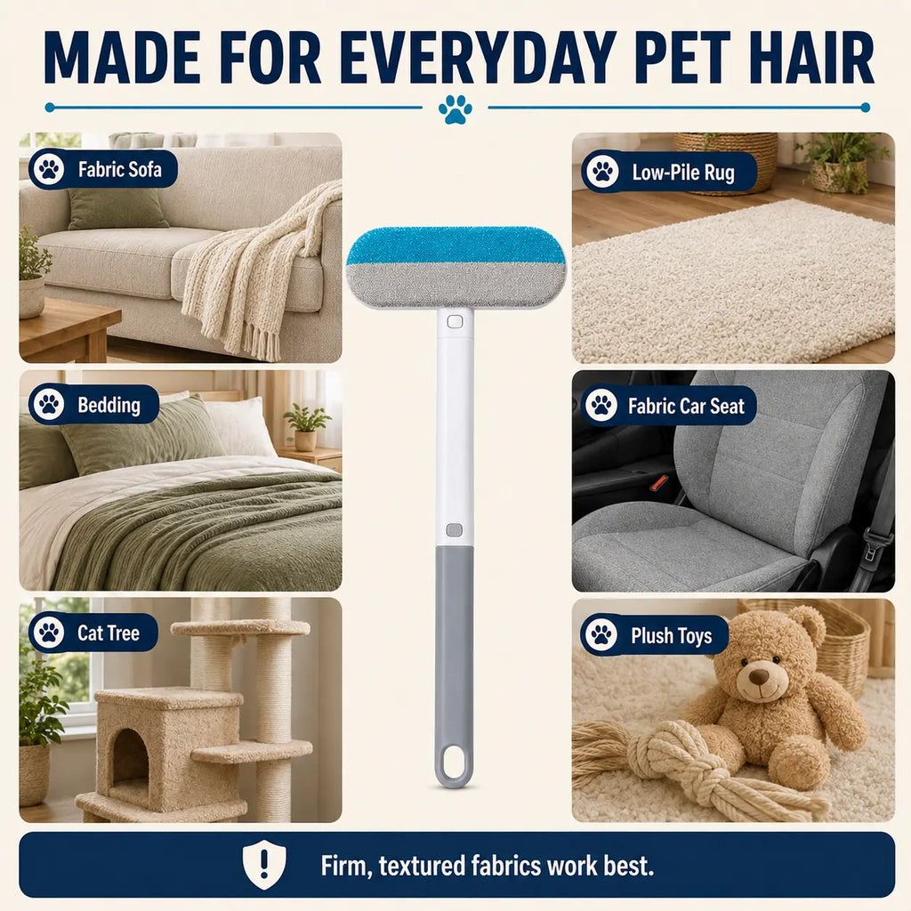 4-In-1 Reusable Pet Hair Remover Brush with Long Handle and Detail Brushes for Sofas, Rugs, Carpets, Bedding and Fabric Car Seats