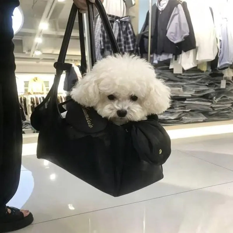 French Retro Lightweight Mesh and Synthetic Leather Pet Carrier for Small Dogs and Cats - Open Top Design with Breathable Cooling Airflow, Available in Black, Silver, and Coffee Options, Perfect for Outings