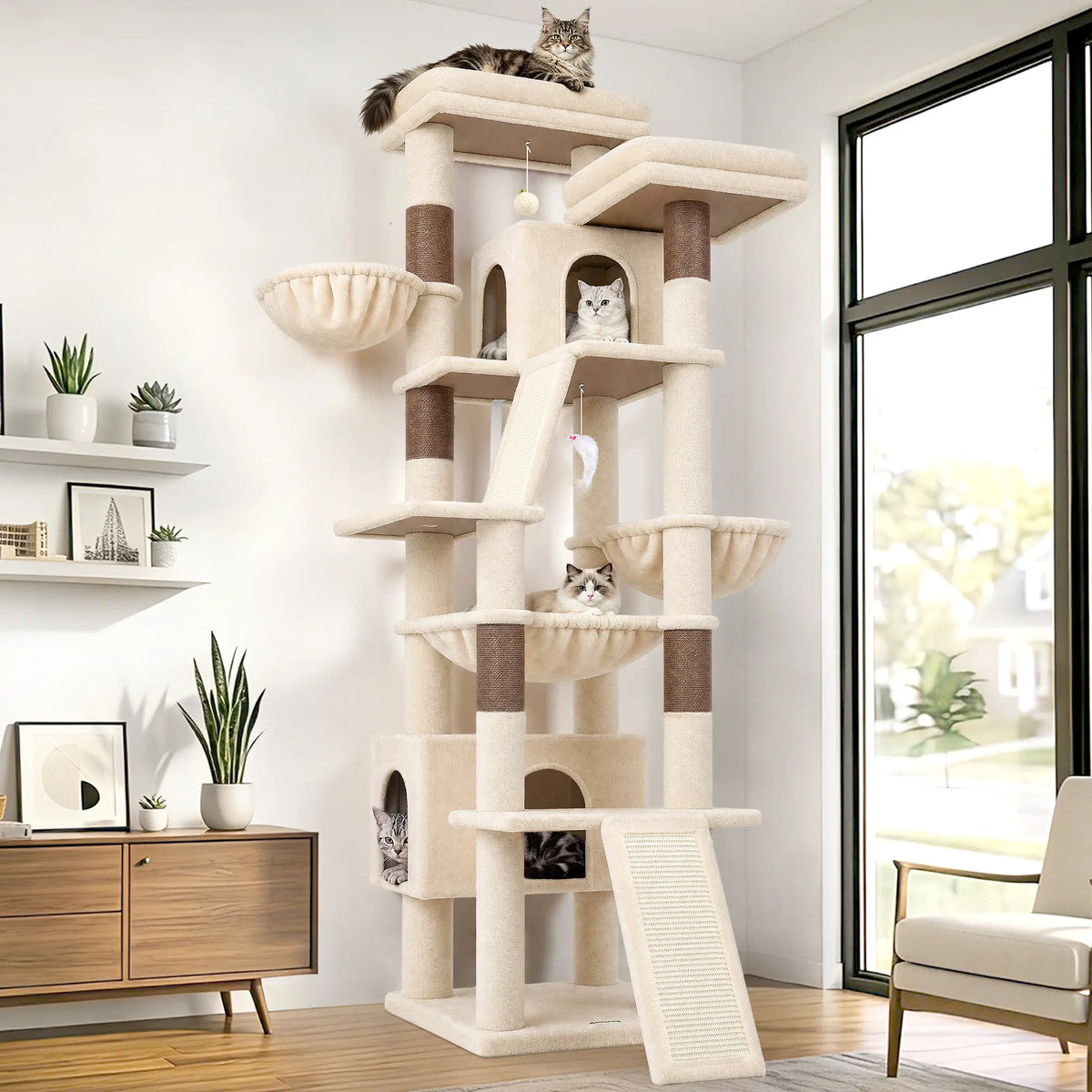 DESKAT 75-Inch Multi-Level Cat Tree for Large Cats, Accommodating 2-3 Indoor Cats with 2 Condos, 2 Hammocks, 3 Perches, and Scratching Board