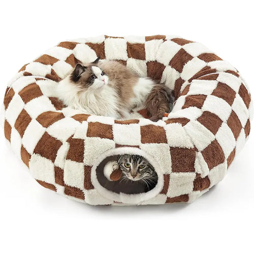 2-in-1 Plaid Cat Tunnel Bed with Concealed Play Area - Stylish Donut Design, Washable Circular Cushion, and Non-Slip Base for Cats and Rabbits