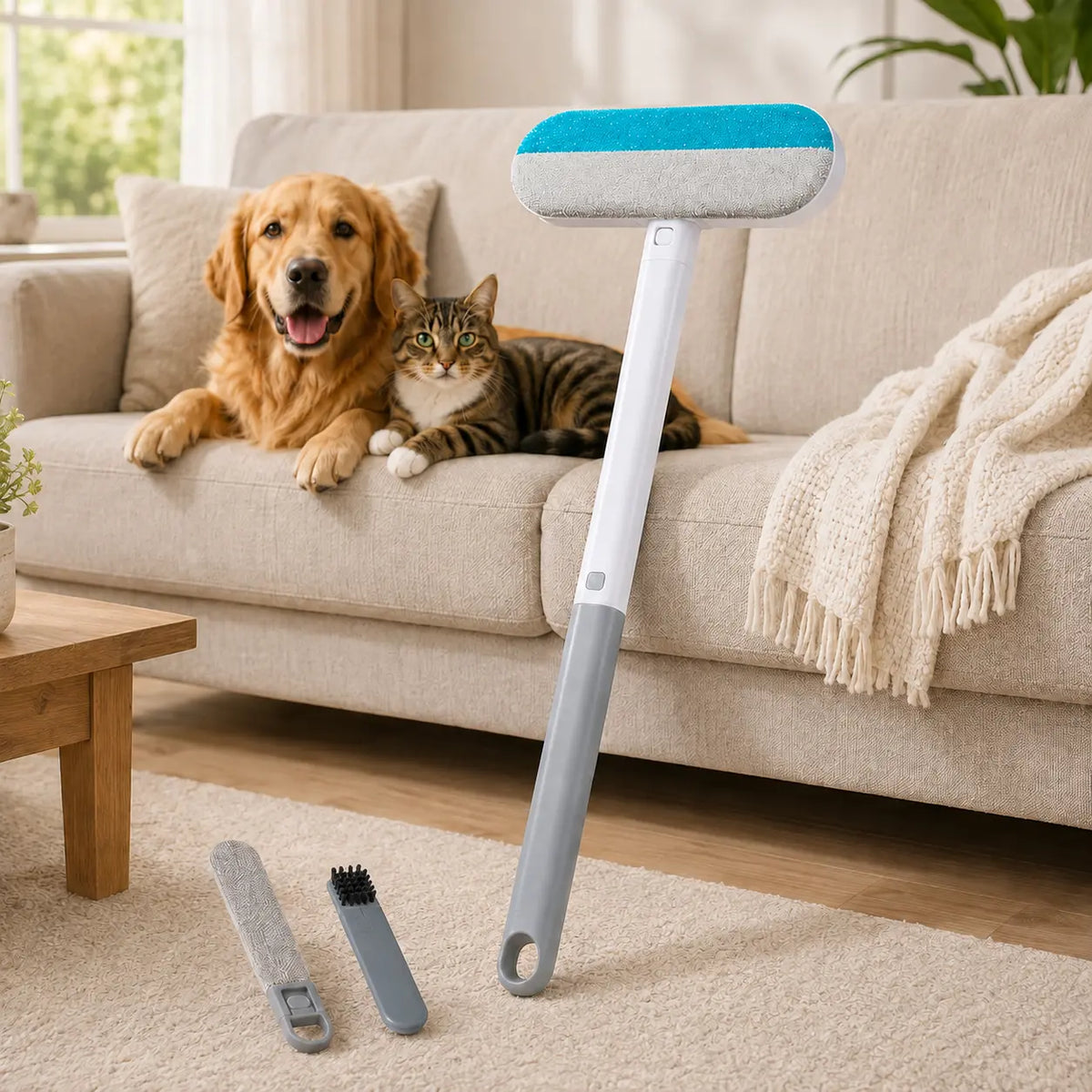 4-In-1 Reusable Pet Hair Remover Brush with Long Handle and Detail Brushes for Sofas, Rugs, Carpets, Bedding and Fabric Car Seats