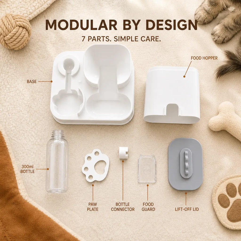 [Second Item Half Price] PAWSURD 2-In-1 Automatic Gravity Pet Feeder & Fresh Water Dispenser, Adjustable Food Flow, No Power Needed, Ideal for Home & Short Trips, Cats & Small Dogs