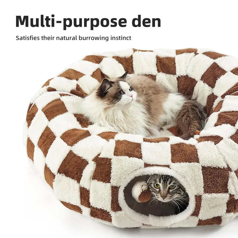 2-in-1 Plaid Cat Tunnel Bed with Concealed Play Area - Stylish Donut Design, Washable Circular Cushion, and Non-Slip Base for Cats and Rabbits