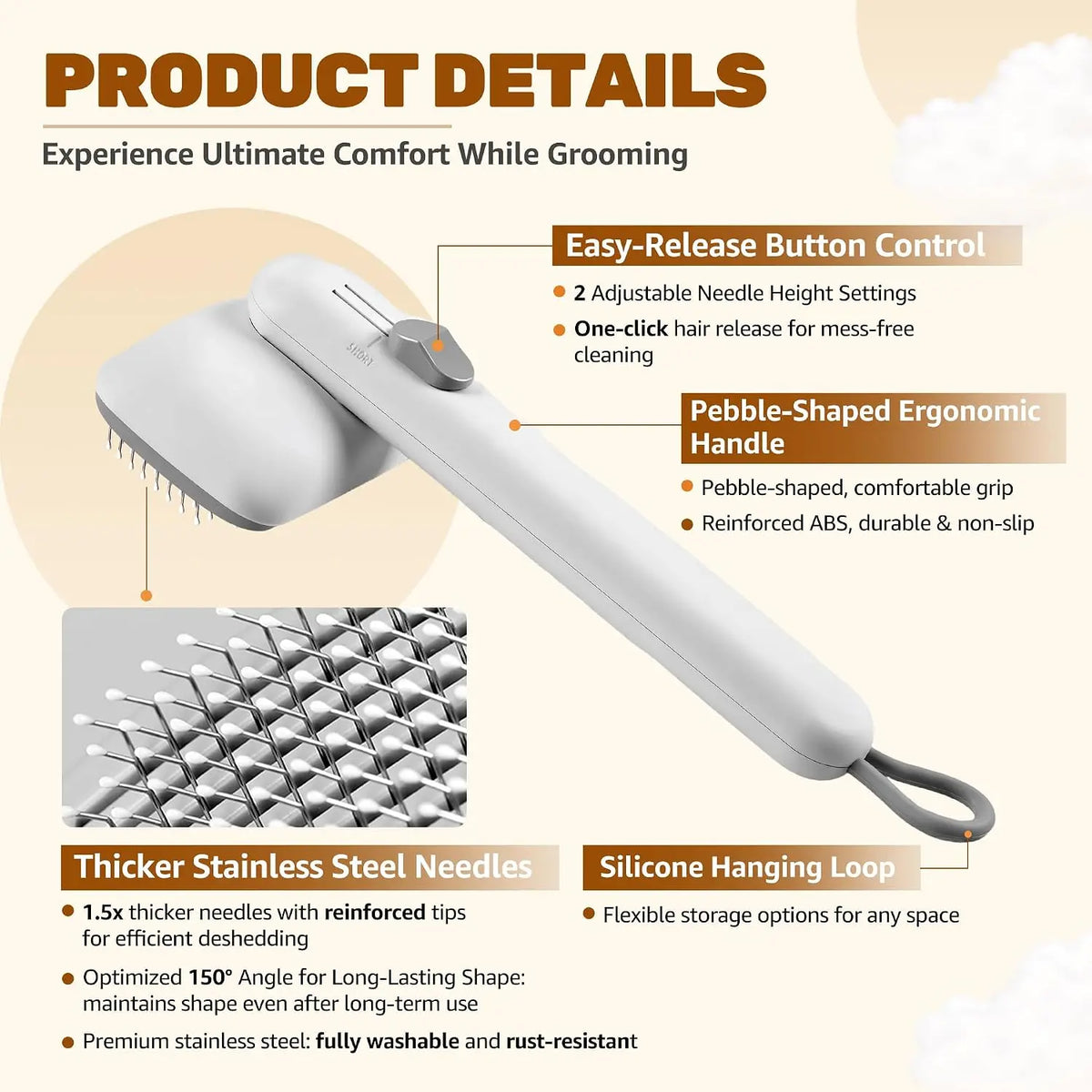 Dog & Cat Self-Cleaning Deshedding Slicker Comb - Universal 1-Click Release Brush for Shed Control, Easy Clean, No Hair Picking