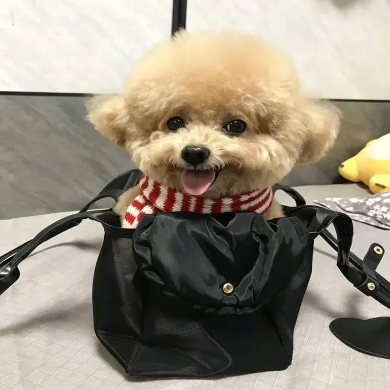 French Retro Lightweight Mesh and Synthetic Leather Pet Carrier for Small Dogs and Cats - Open Top Design with Breathable Cooling Airflow, Available in Black, Silver, and Coffee Options, Perfect for Outings