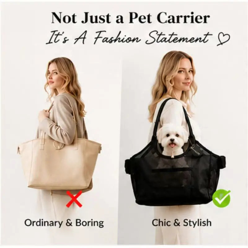 French Retro Lightweight Mesh and Synthetic Leather Pet Carrier for Small Dogs and Cats - Open Top Design with Breathable Cooling Airflow, Available in Black, Silver, and Coffee Options, Perfect for Outings