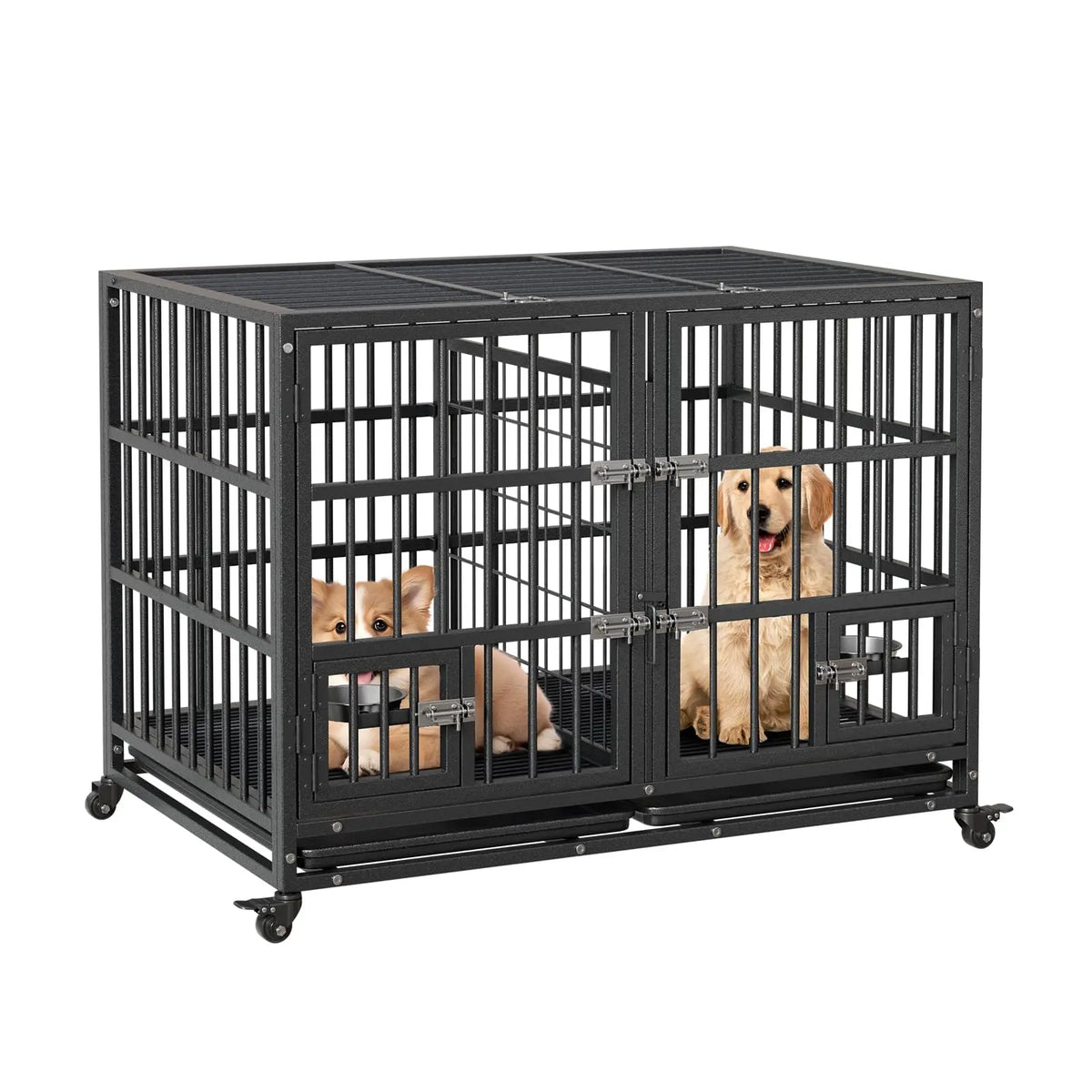 48-Inch Heavy-Duty Metal Dog Crate with Flexible Divider, Dual Door Access, Two Feeding Bowls, and Removable Tray for Small to Large Pets
