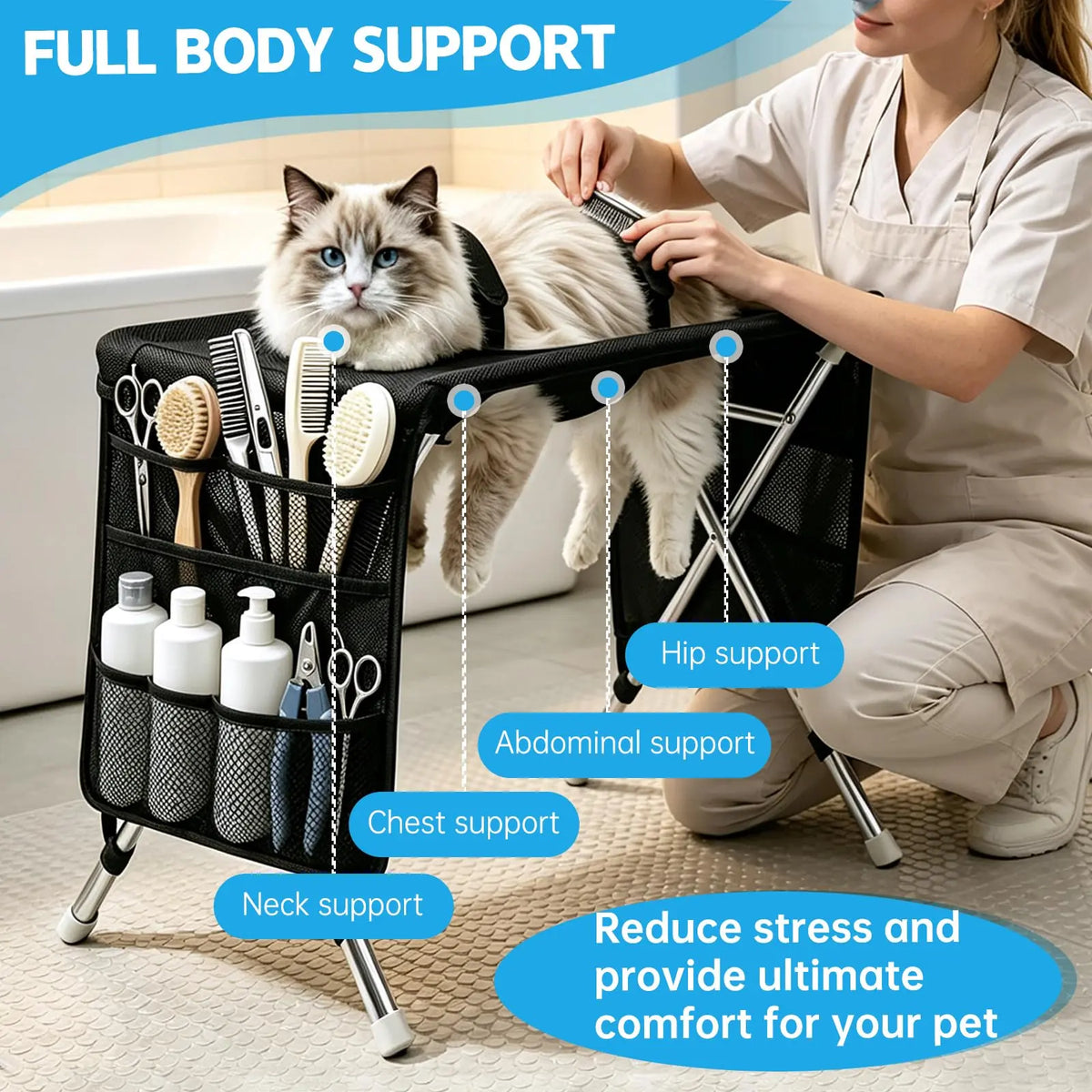 Pet Grooming Hammock for Small Dogs & Cats (Under 22 Lbs) - Stainless Steel Stand, Foldable Joint Protection Restraint Tool for Grooming Table Nail Trimming, Bathing Care