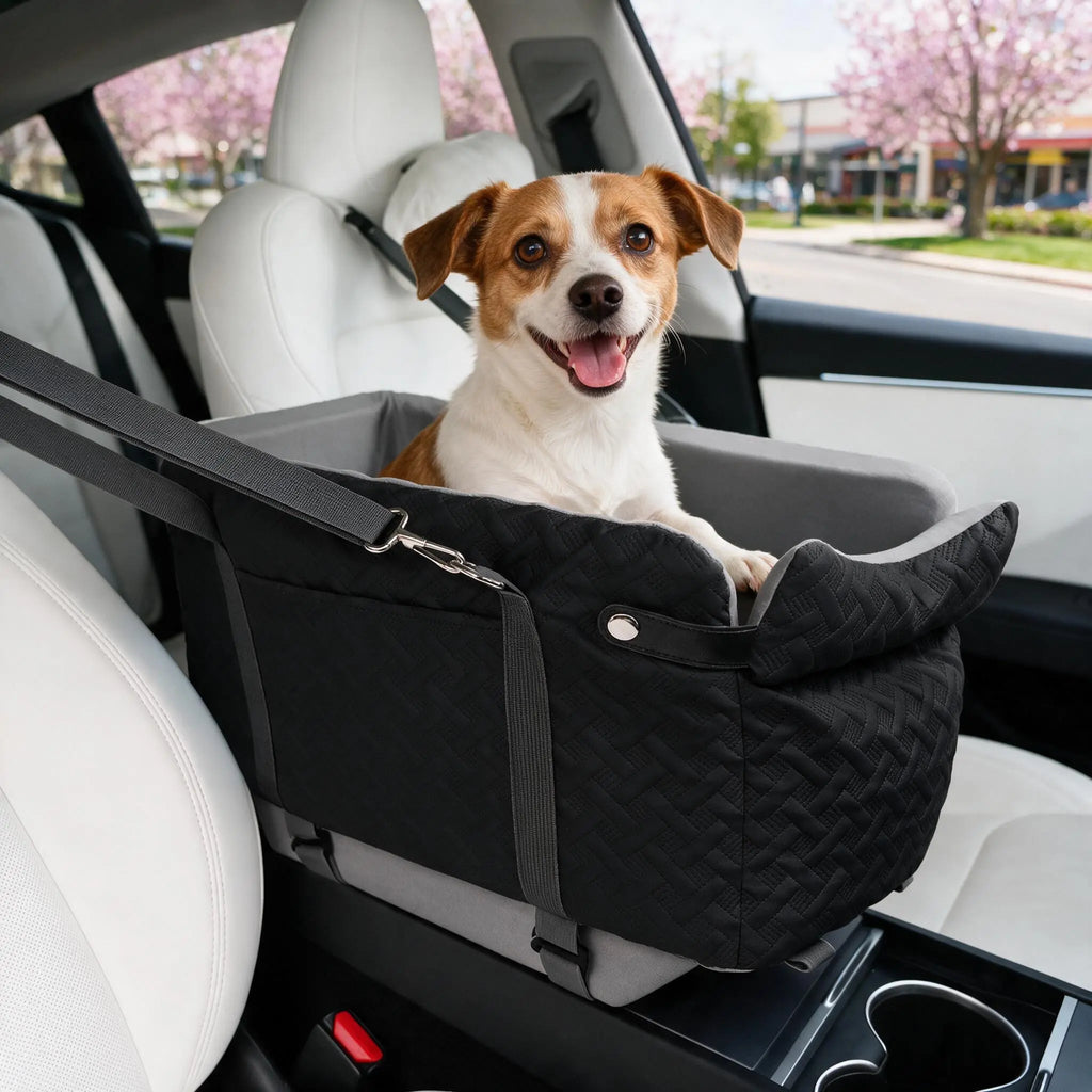 Black Fabric Paw Print Dog Car Booster Seat - Armrest-Mount, Portable Pet Basket, Comfortable Ride Safe Travel Carrier Bed for Small-Medium Dogs