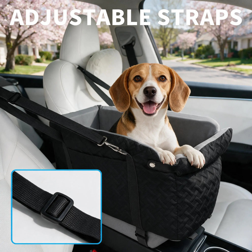 Black Fabric Paw Print Dog Car Booster Seat - Armrest-Mount, Portable Pet Basket, Comfortable Ride Safe Travel Carrier Bed for Small-Medium Dogs
