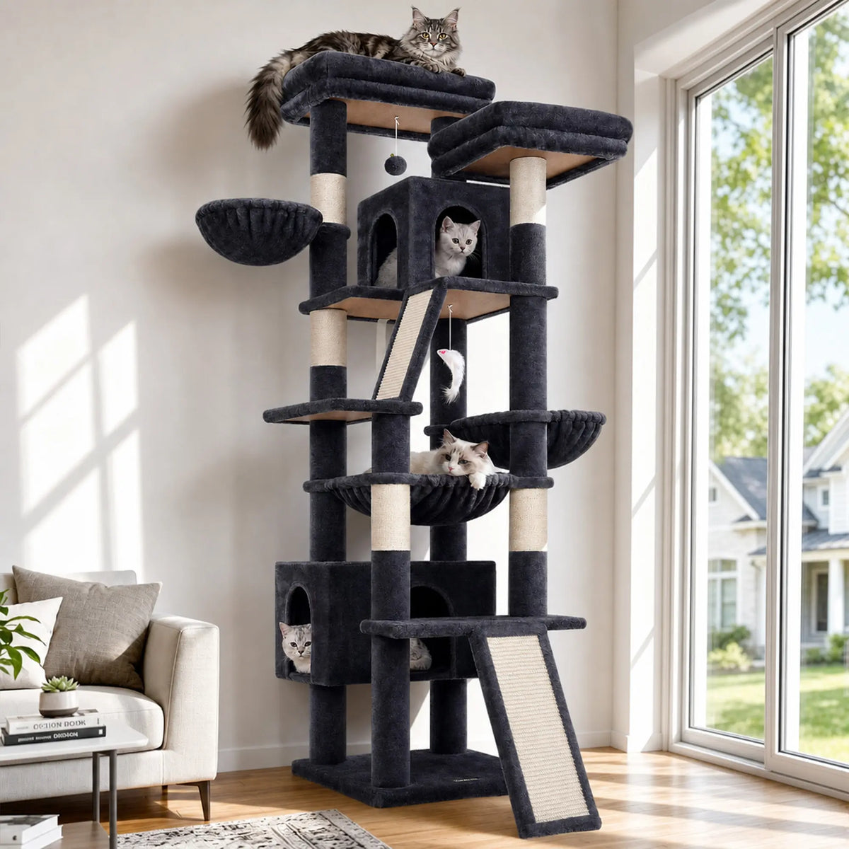 DESKAT 75-Inch Multi-Level Cat Tree for Large Cats, Accommodating 2-3 Indoor Cats with 2 Condos, 2 Hammocks, 3 Perches, and Scratching Board
