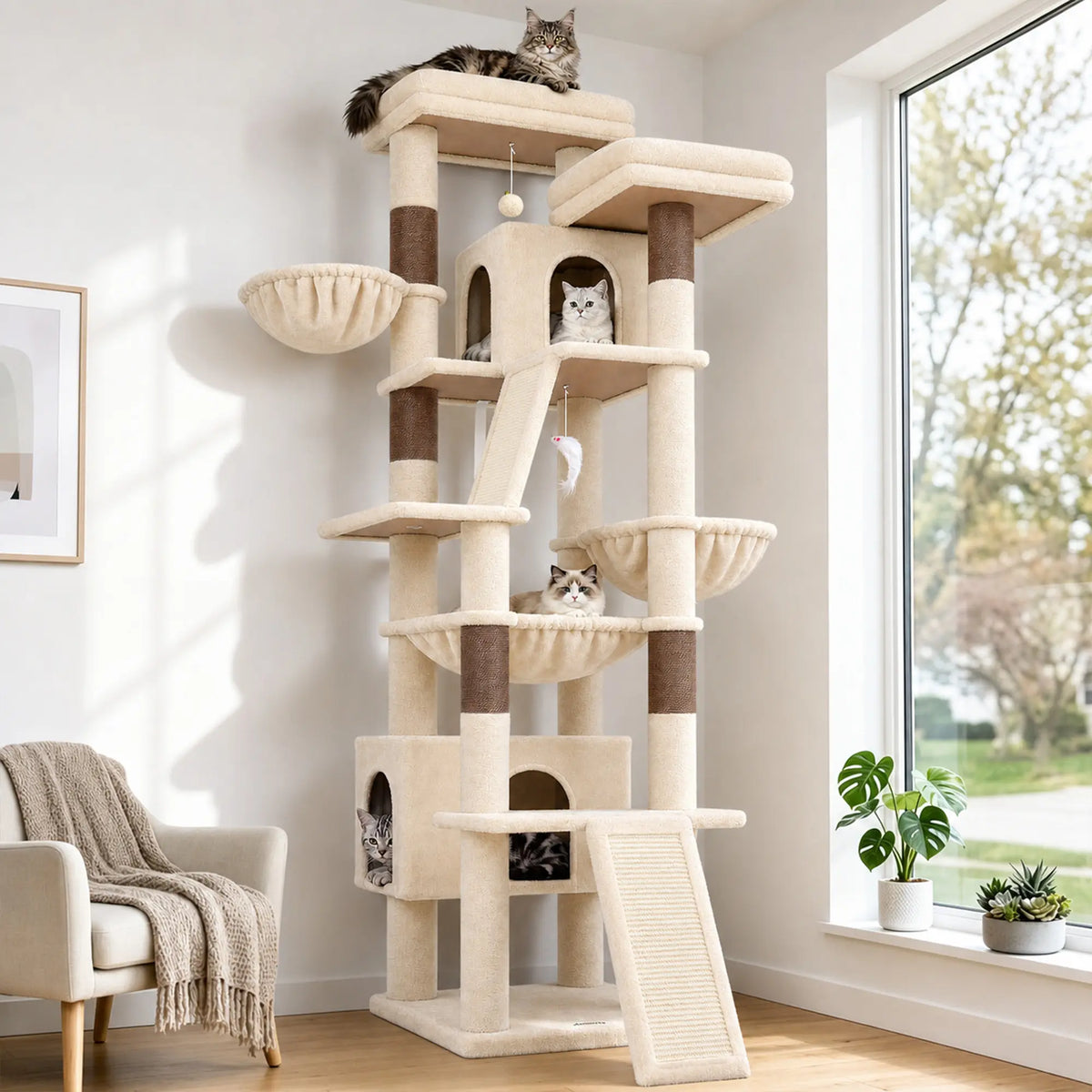 DESKAT 75-Inch Multi-Level Cat Tree for Large Cats, Accommodating 2-3 Indoor Cats with 2 Condos, 2 Hammocks, 3 Perches, and Scratching Board