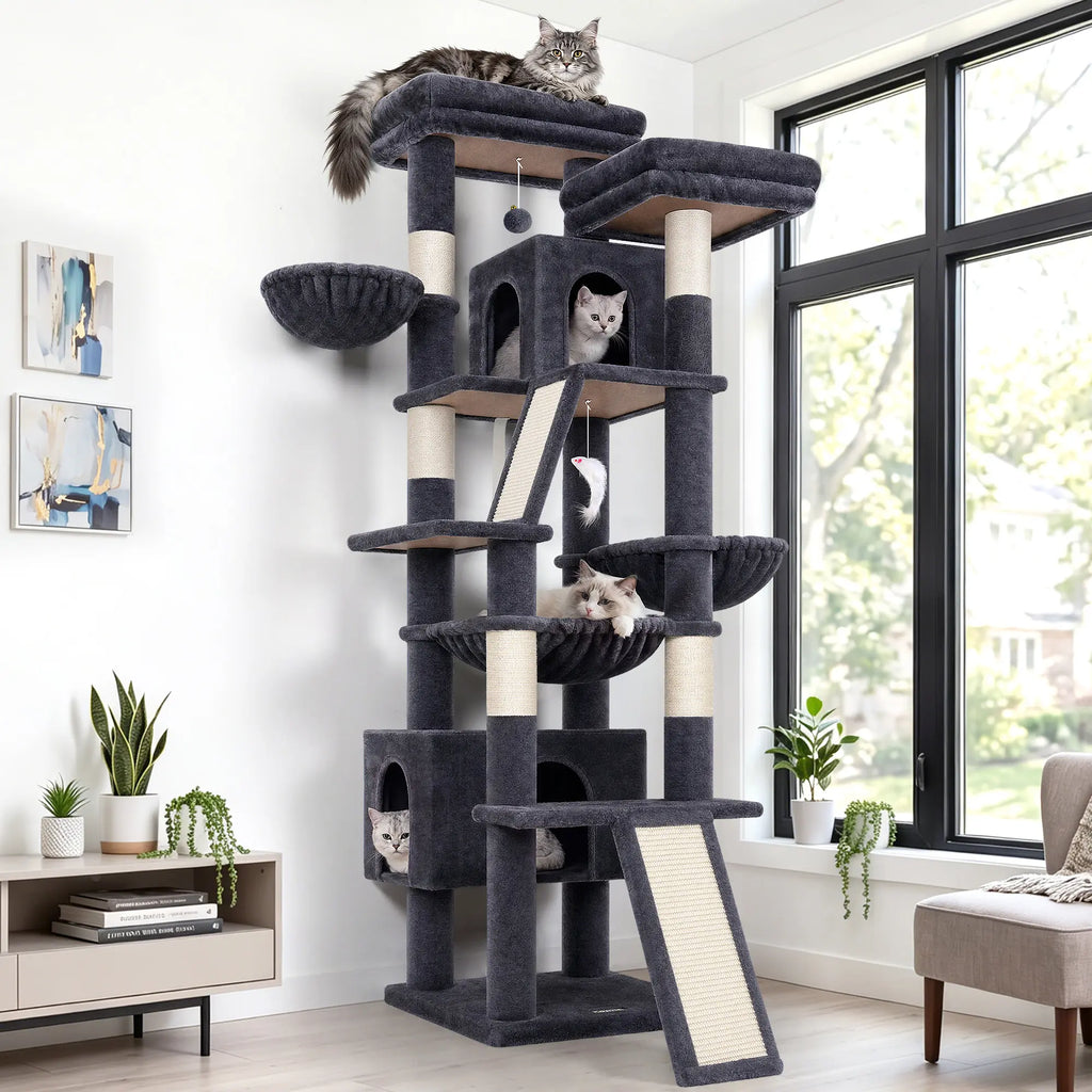 DESKAT 75-Inch Multi-Level Cat Tree for Large Cats, Accommodating 2-3 Indoor Cats with 2 Condos, 2 Hammocks, 3 Perches, and Scratching Board